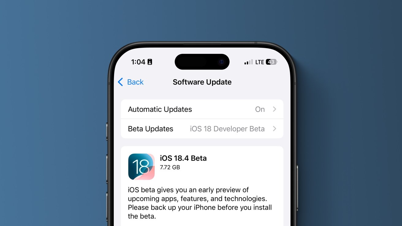 iPhone screen showing software update for iOS 18.4 Beta, size 7.72 GB, with options for automatic and beta updates.