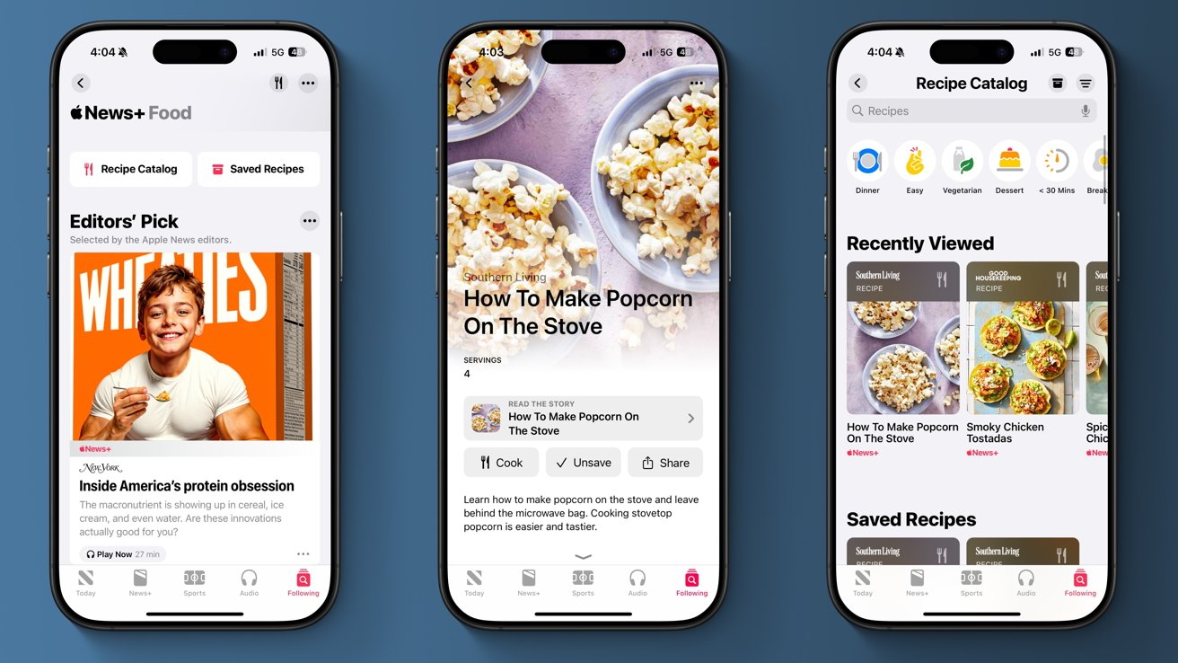 Three smartphone screens displaying food-related apps, featuring recipe catalogs, popcorn cooking guides, and a Wheaties cereal advertisement with a smiling boy.