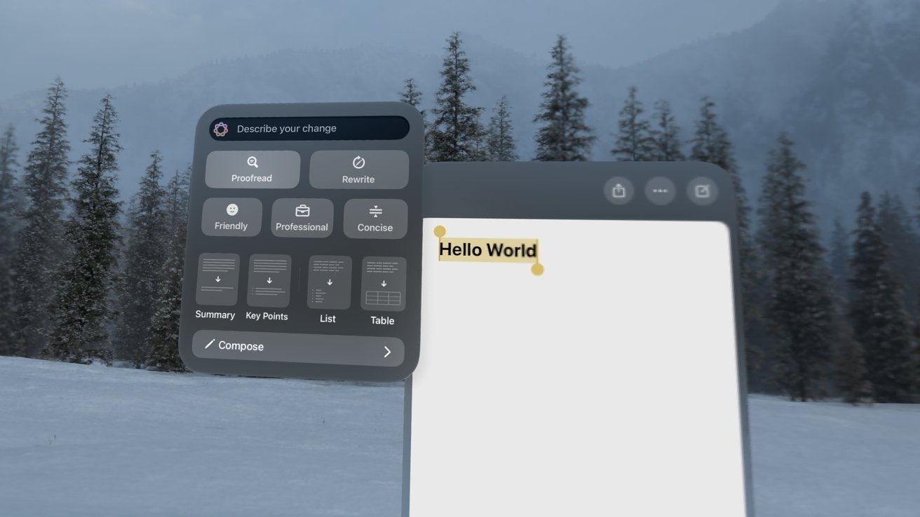 Virtual interface with editing tools and options floating over a snowy forest landscape, showing highlighted text 'Hello World' on a document.