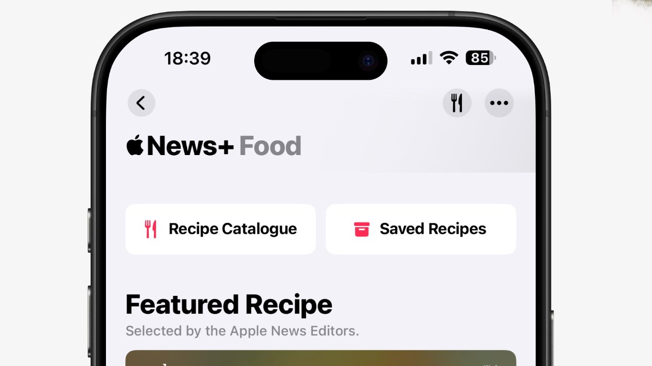 Phone screen showing Apple News+ Food section with options for recipe catalog and saved recipes.