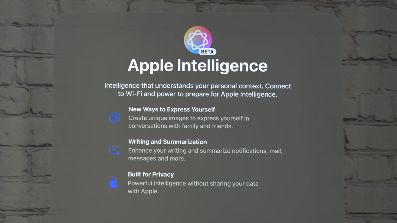 Teks yang menggambarkan fitur intelijen Apple: pemahaman konteks pribadi, penciptaan gambar, peningkatan penulisan, kecerdasan yang berfokus pada privasi.