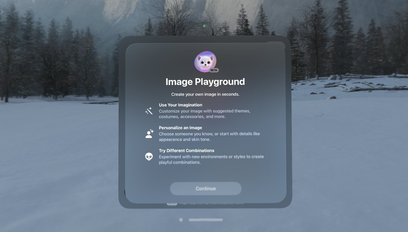 Adegan hutan bersalju dengan pohon dan pegunungan, diaktifkan dengan antarmuka semi-transparan berjudul 'Image Playground' menampilkan opsi untuk kustomisasi gambar dan pembuatan.