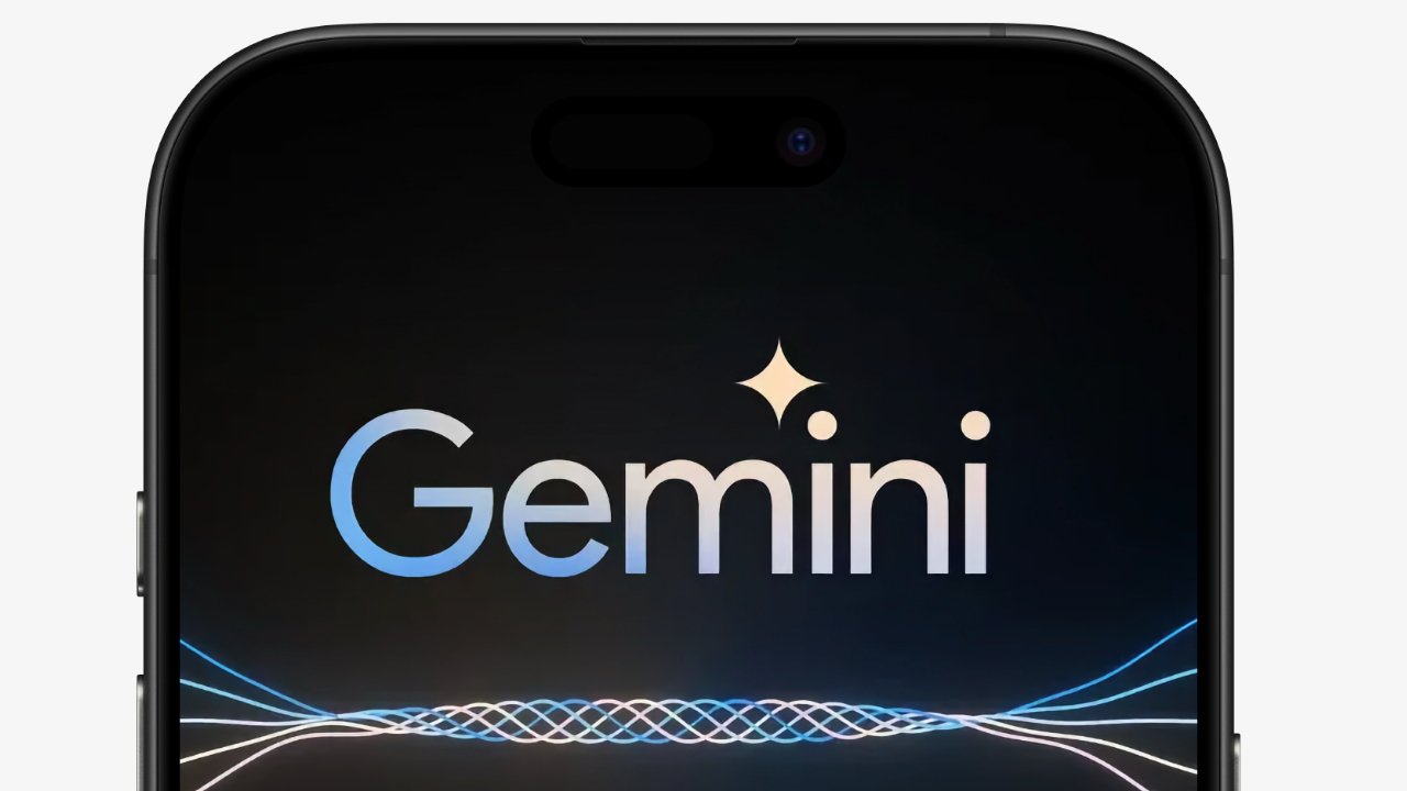 The word Gemini with a star symbol above, displayed on a smartphone screen with abstract light wave patterns below.