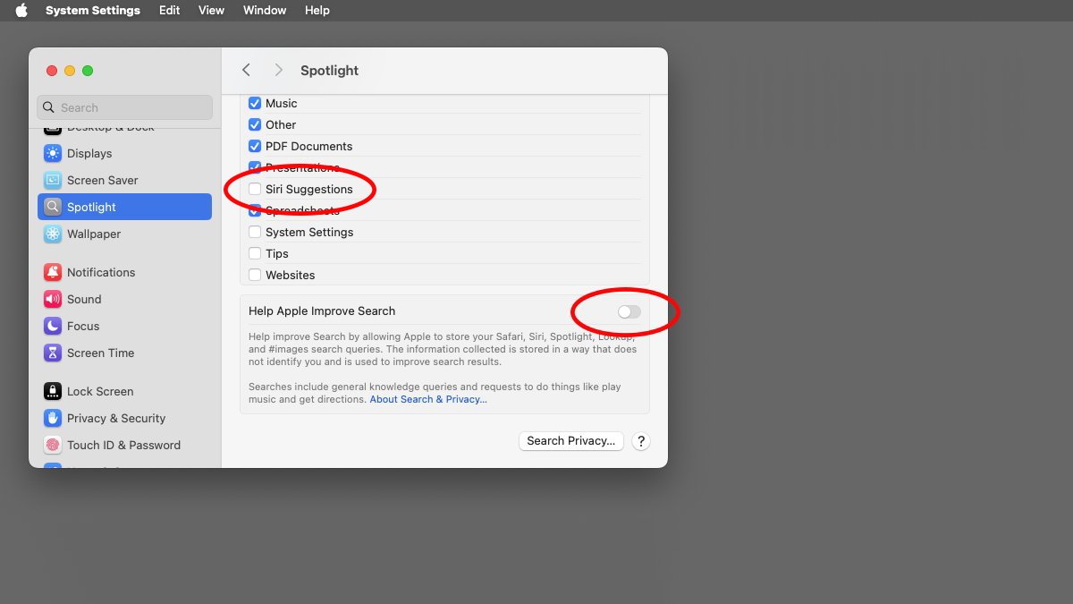 Spotlight memiliki fitur saran Siri yang dapat Anda matikan.