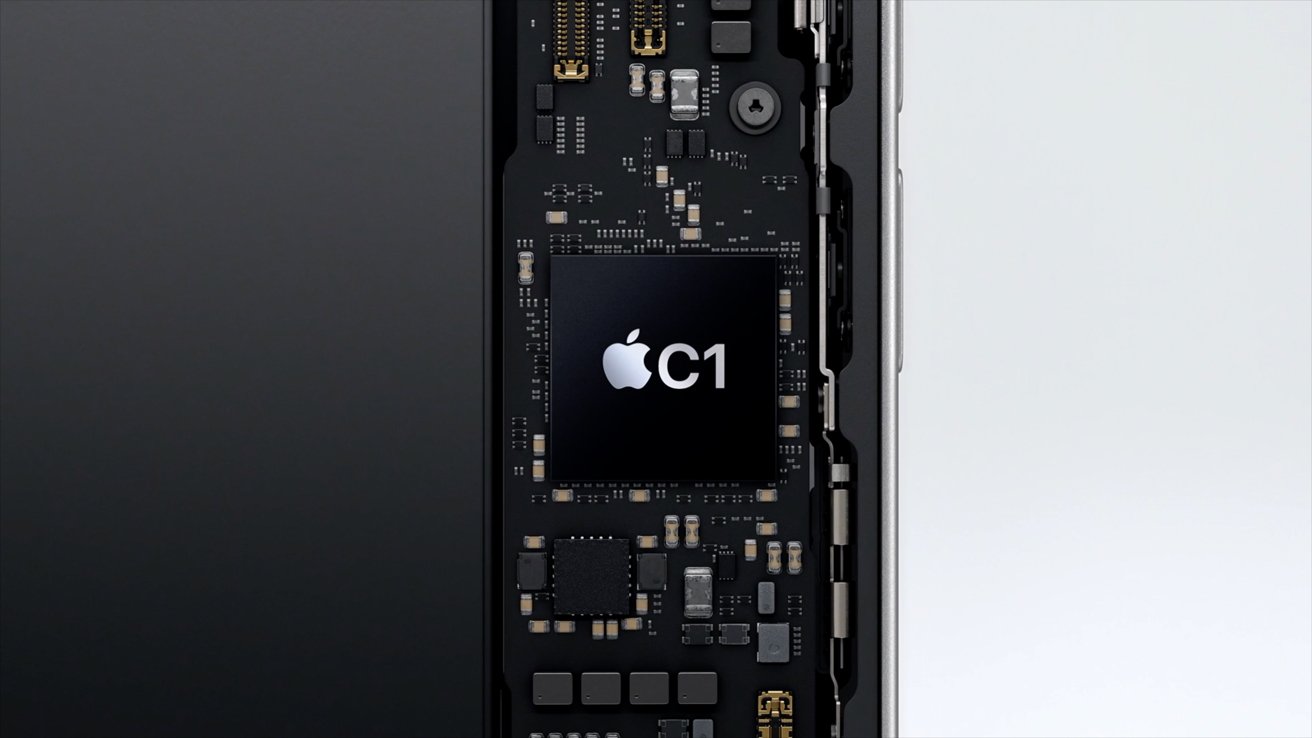 Close-up of a smartphone's internal circuit board with a prominent chip labeled 'Apple C1'.