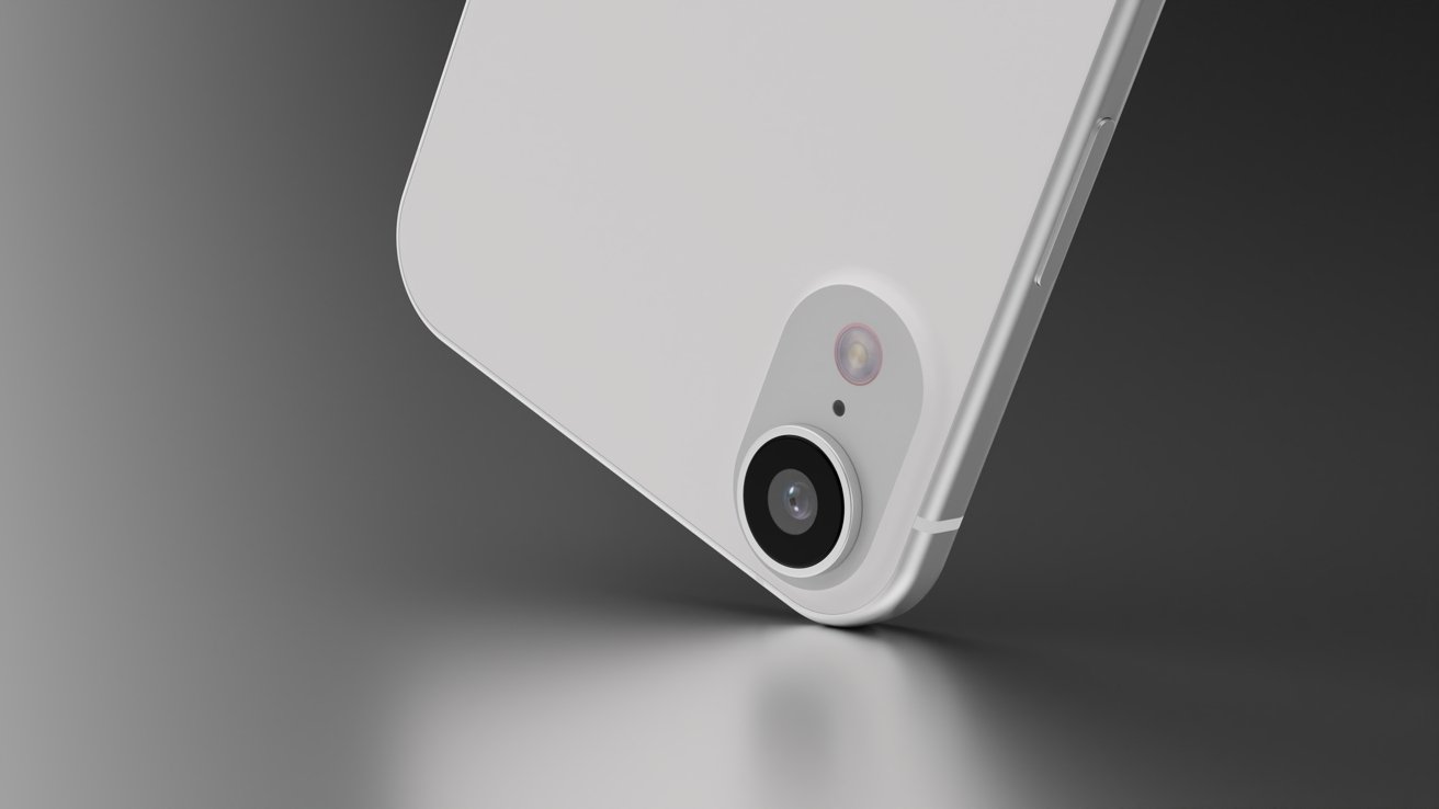 Close-up of a white smartphone's rear camera and flash on a dark background.