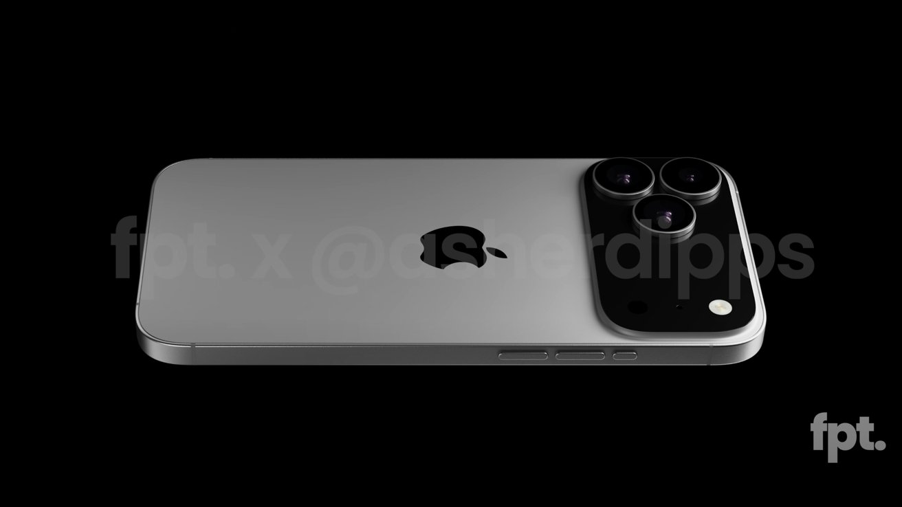 A sleek silver smartphone displaying a logo has a black camera module with three lenses on a dark background.