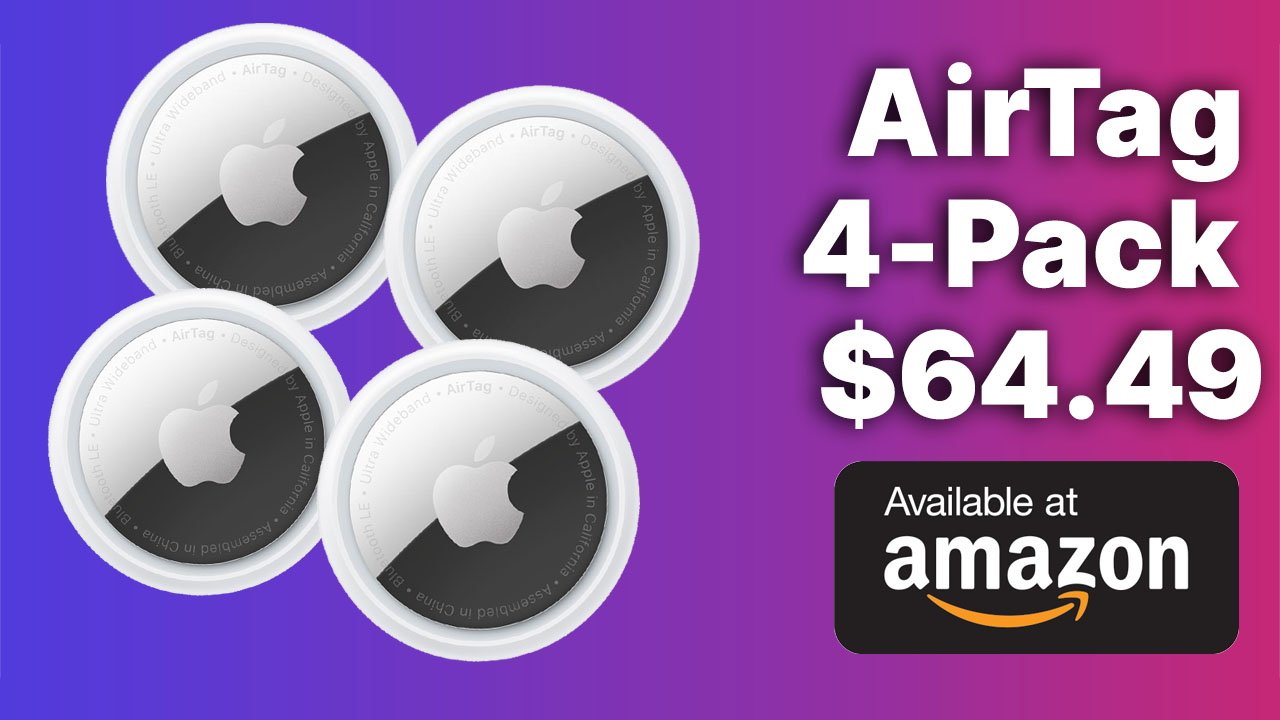 Four AirTags on a purple background, text reads: 'AirTag 4-Pack $64.49, Available at Amazon.'