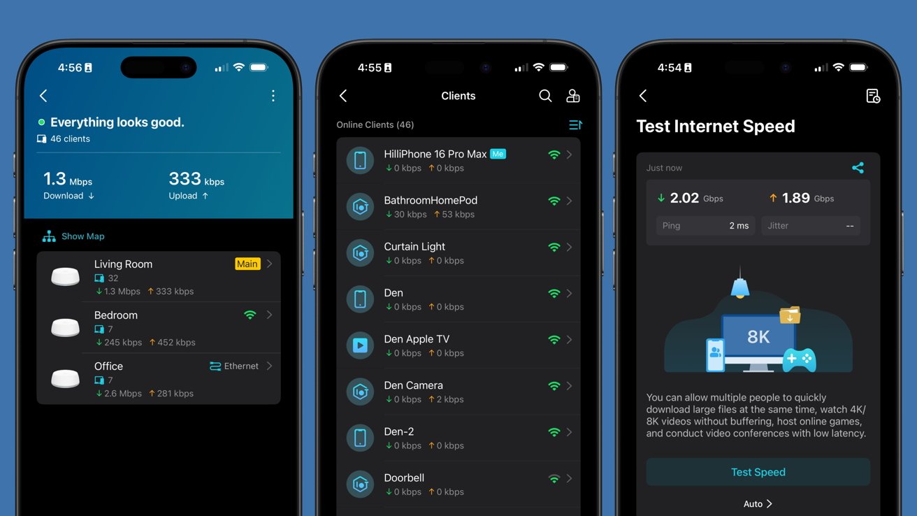 Three smartphone screens display a network management app with client lists, device connectivity details, and average internet speed test results on a dark interface.