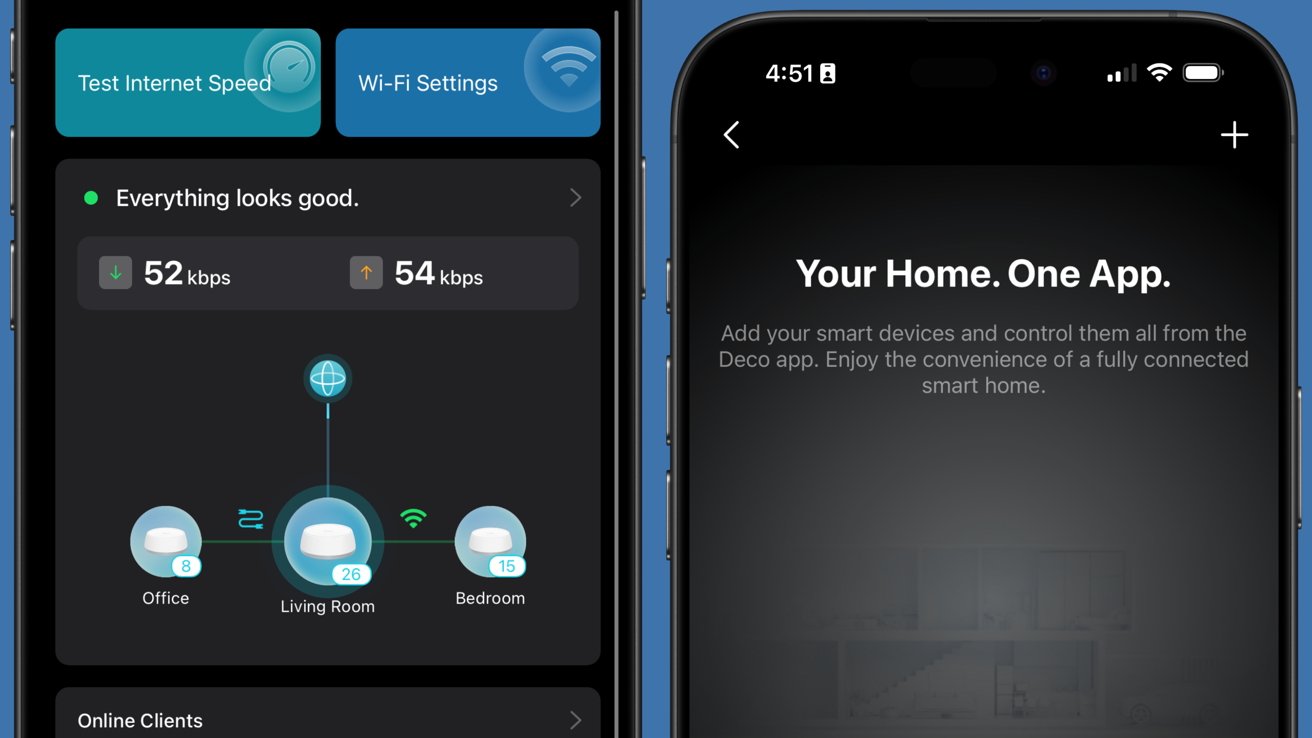 Smart home app interface showing internet speed, connected devices in office, living room, bedroom, and message about managing smart devices with the Deco app.