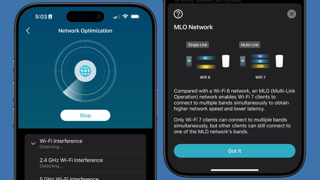 Two smartphone screens showing network optimization and MLO network details, highlighting Wi-Fi 6 and Wi-Fi 7 capabilities, band connections, and interference detection.