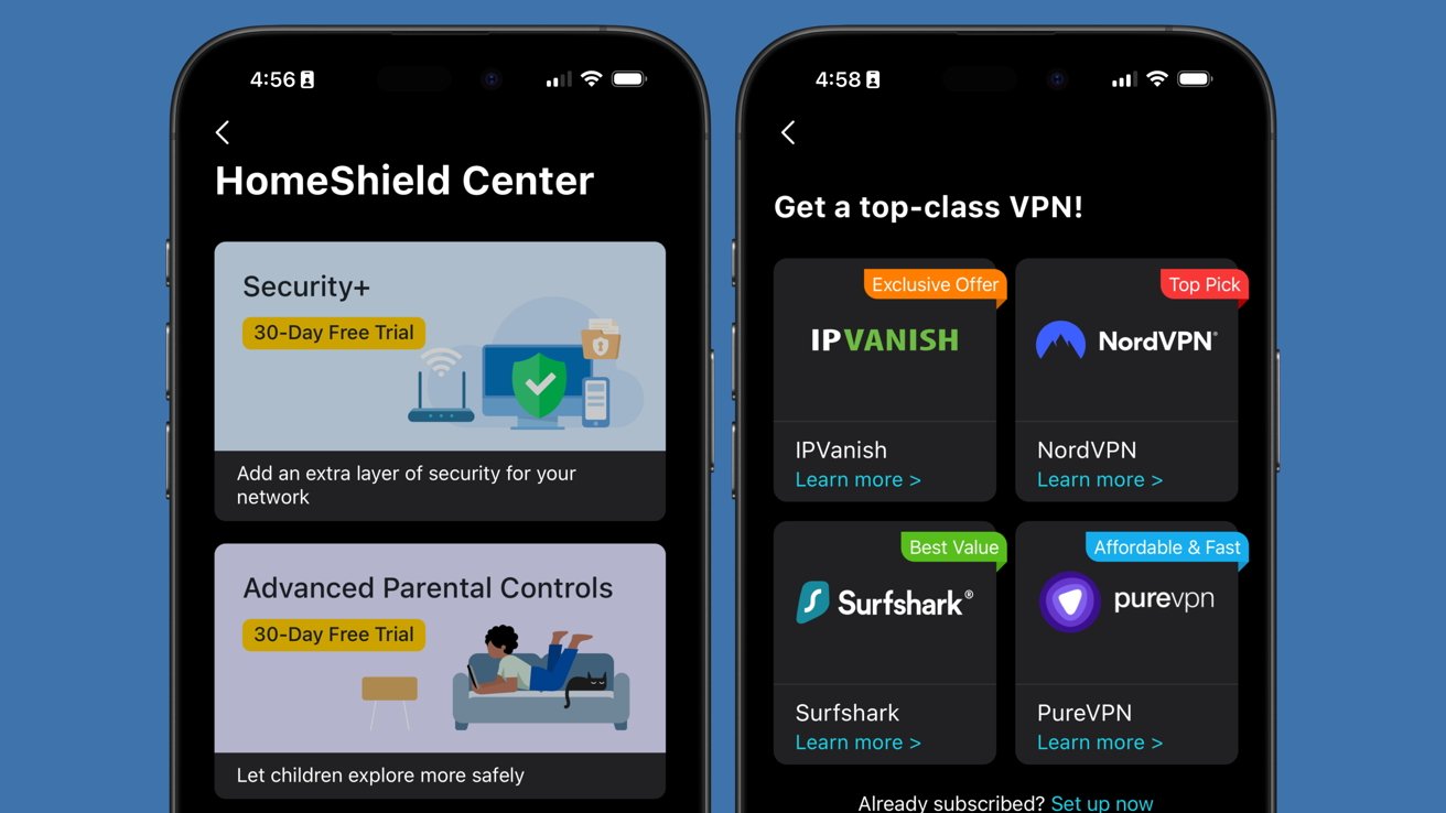 Two phone screens showing HomeShield Center offering Security+, Parental Controls, and VPN options: IP Vanish, NordVPN, Surfshark, and PureVPN, each with promotional tags.