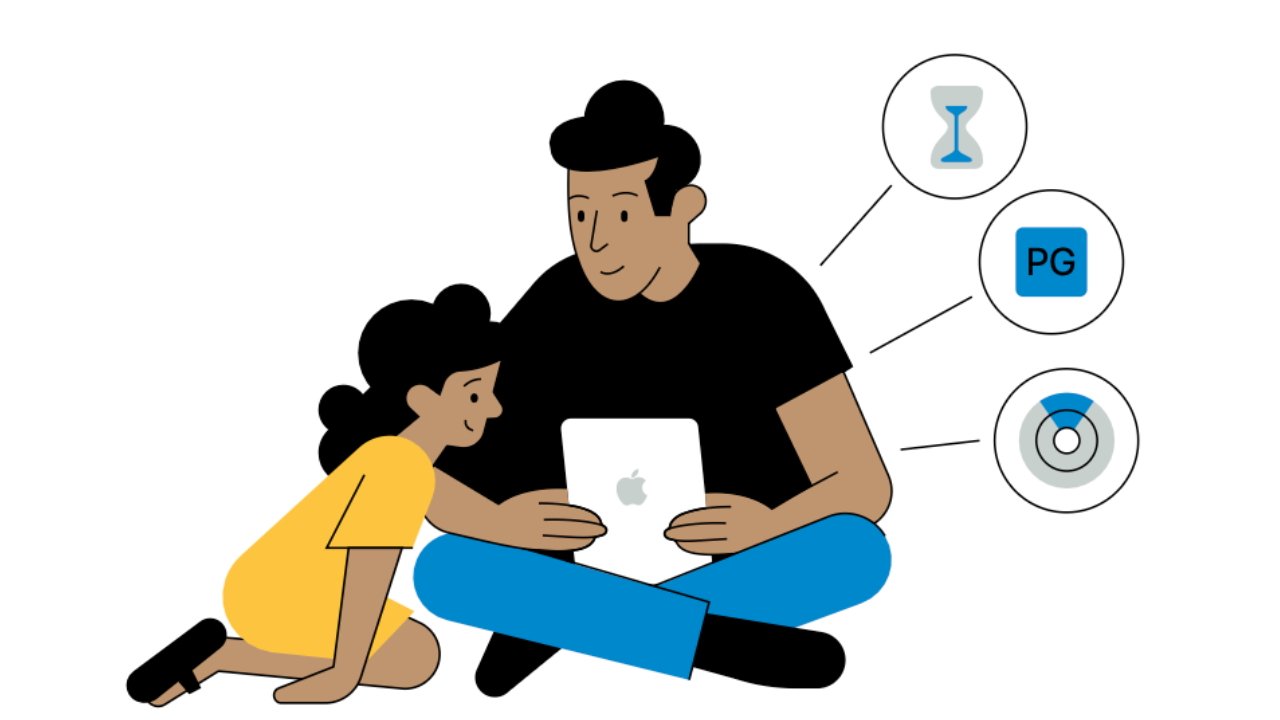 Man and girl with tablet, sitting together. Symbols of hourglass, PG rating, and Wi-Fi are nearby.