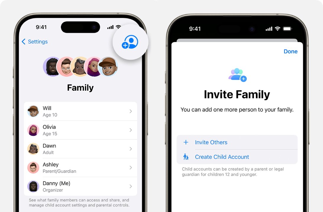 Two smartphone screens display family management options, showing family members' names and ages on the left, with options to invite others or create a child account on the right.