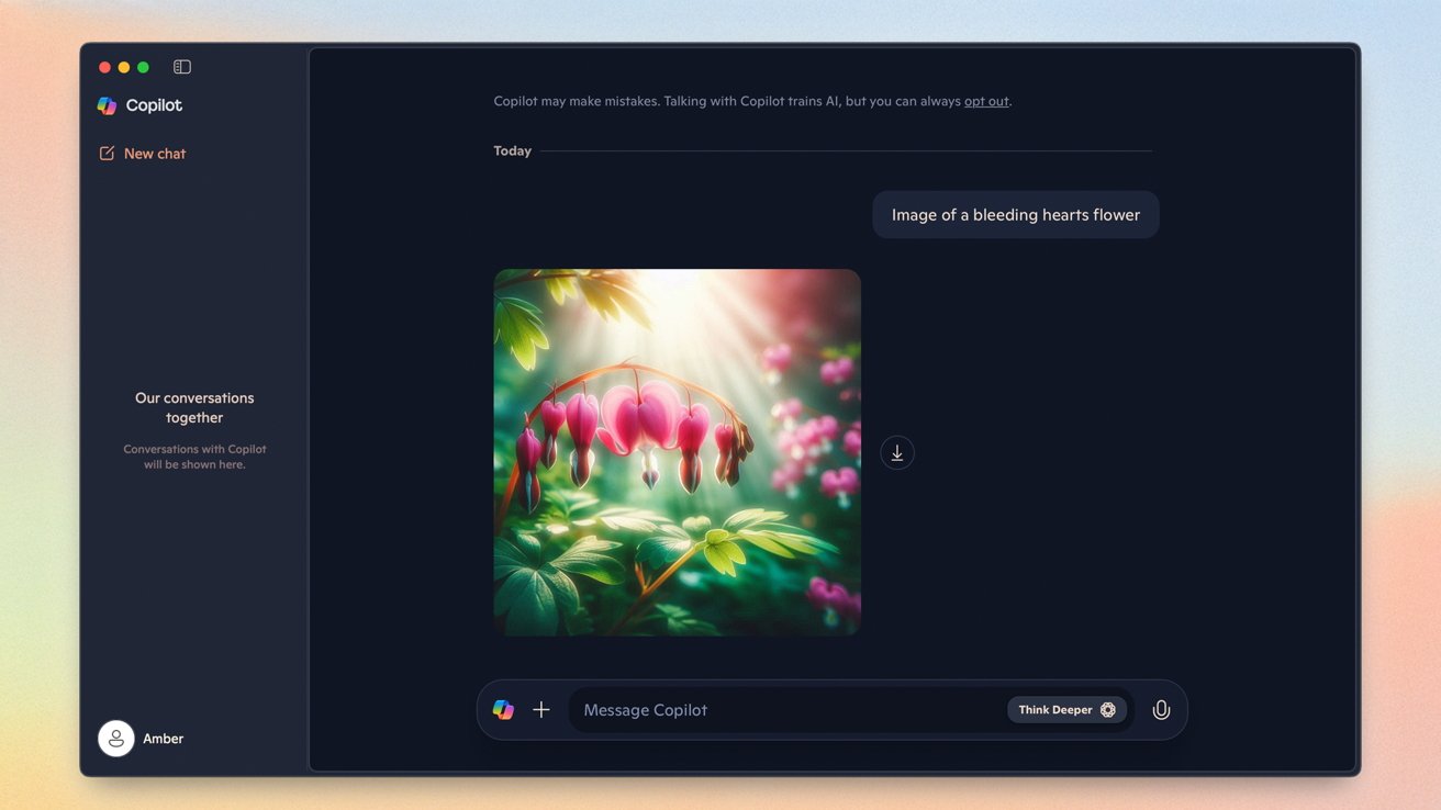 Chat interface with a photo of bleeding heart flowers, featuring pink heart-shaped blossoms and green foliage, illuminated by sunlight.