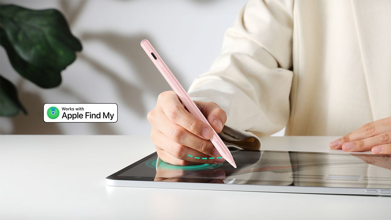 Person using ESR Geo Digital Pencil on a tablet screen, accompanied by a logo indicating compatibility with Apple Find My service.