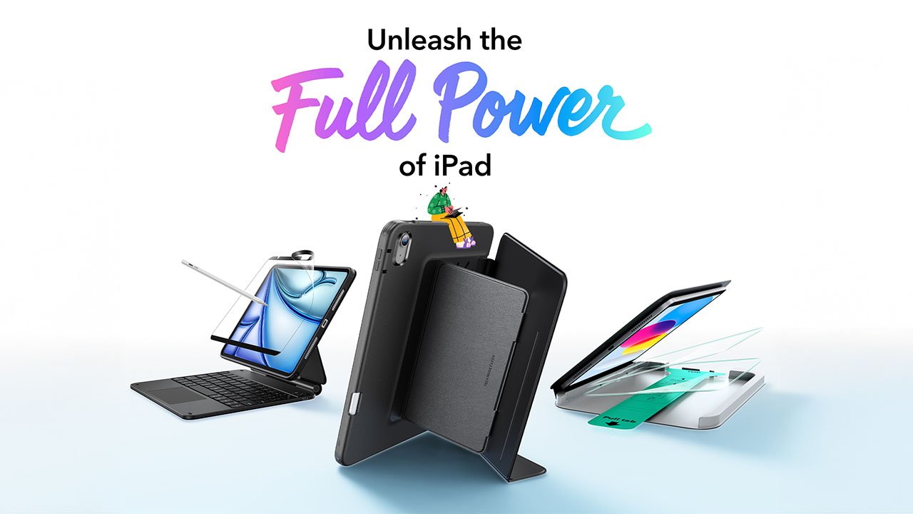 Three iPads with ESR accessories, including ESR keyboards and screen protectors, showcasing versatility. Eye-catching text above promotes the concept: Unleash the Full Power of iPad.