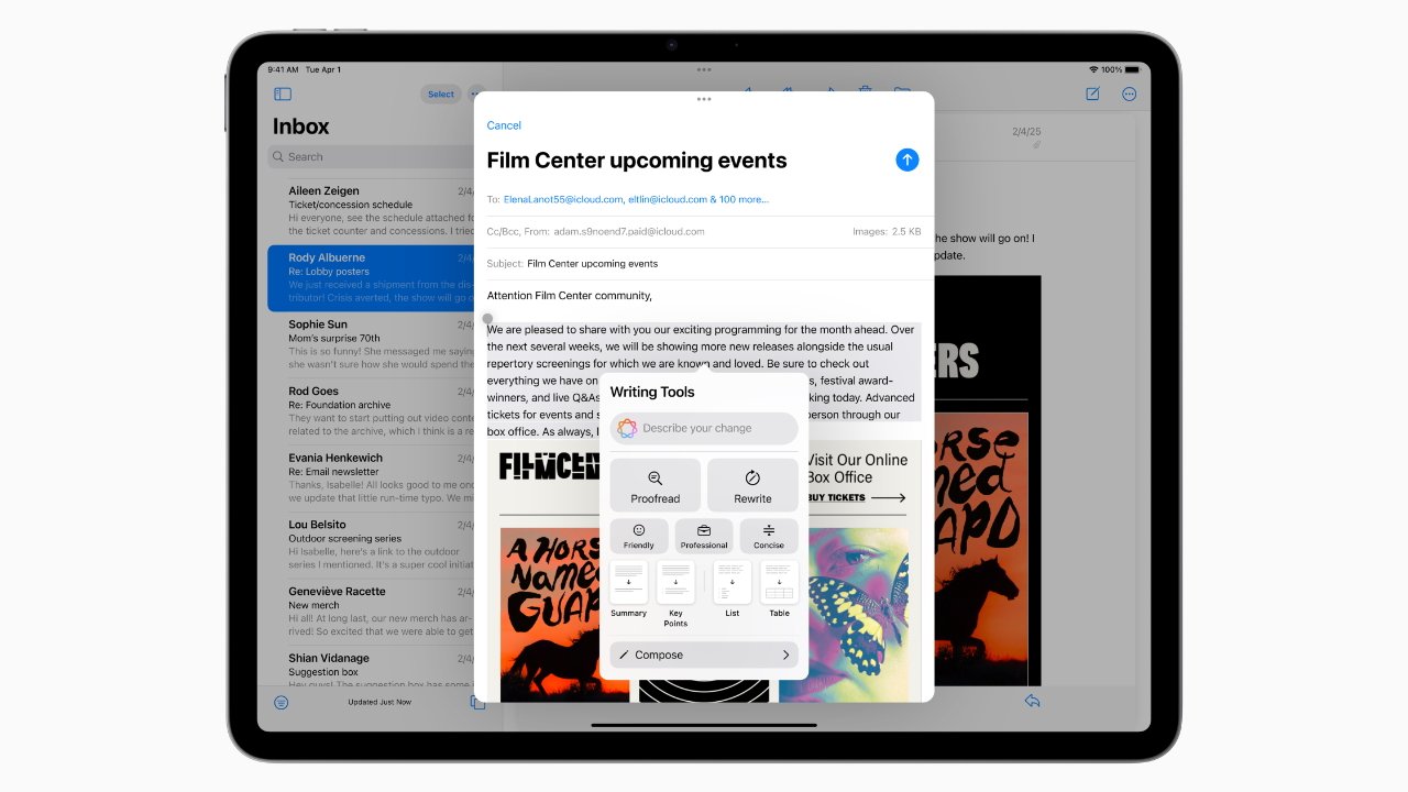 Tablet displaying an email draft titled 'Film Center upcoming events' with a writing tools overlay for proofreading, rewriting, and composing. Inbox is visible in the background.