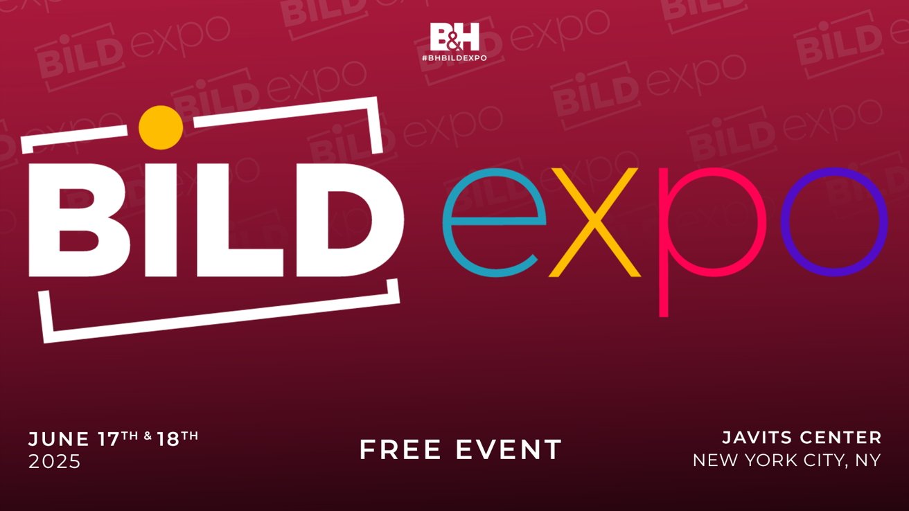 BILD Expo promotional poster; large text reads 'BILD expo,' free event, June 17-18, 2025, at Javits Center, New York City, NY, with a red background and B&H logo.