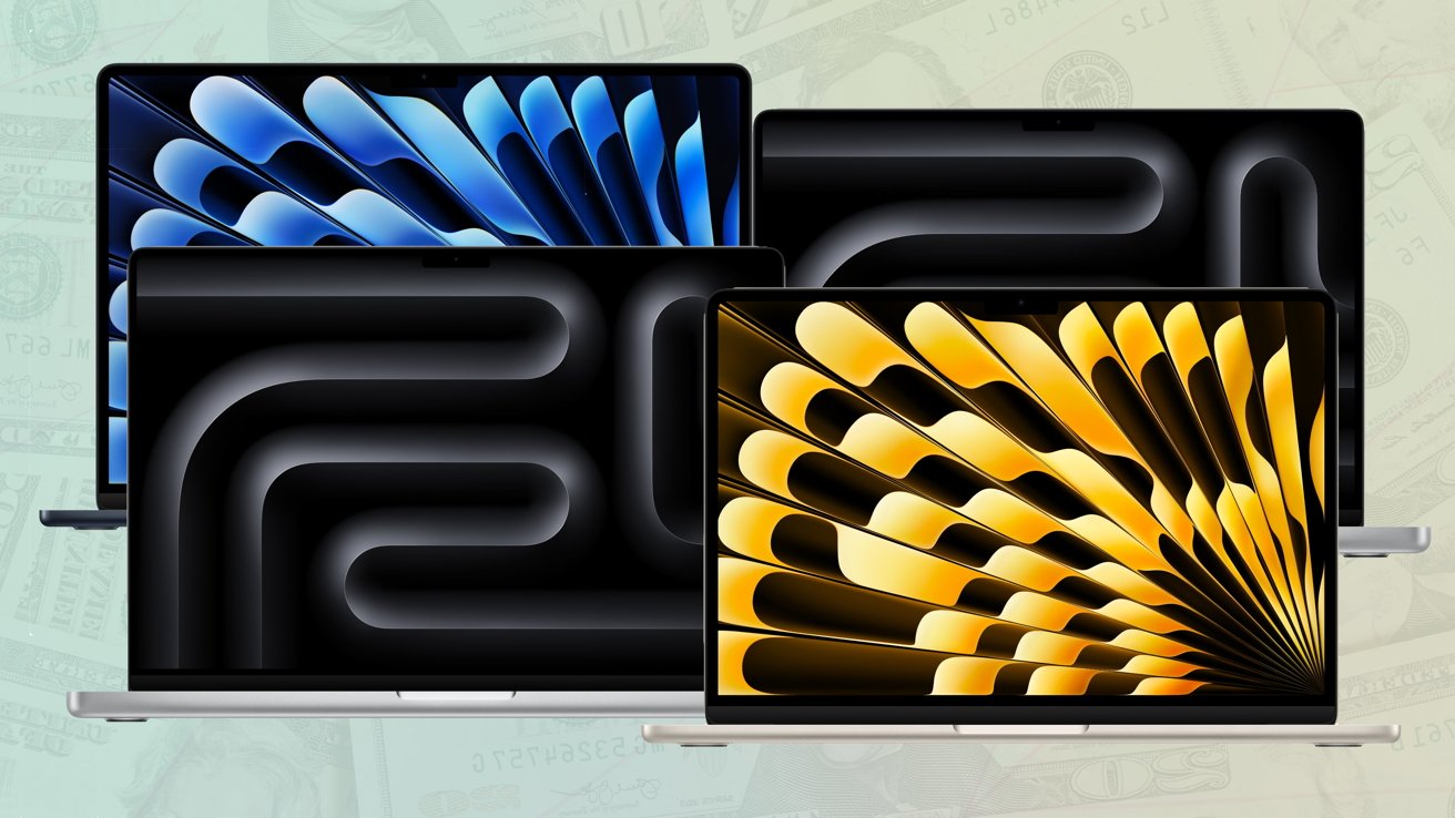 Three laptops displaying abstract designs in blue, black, and yellow against a background of faint dollar bills.