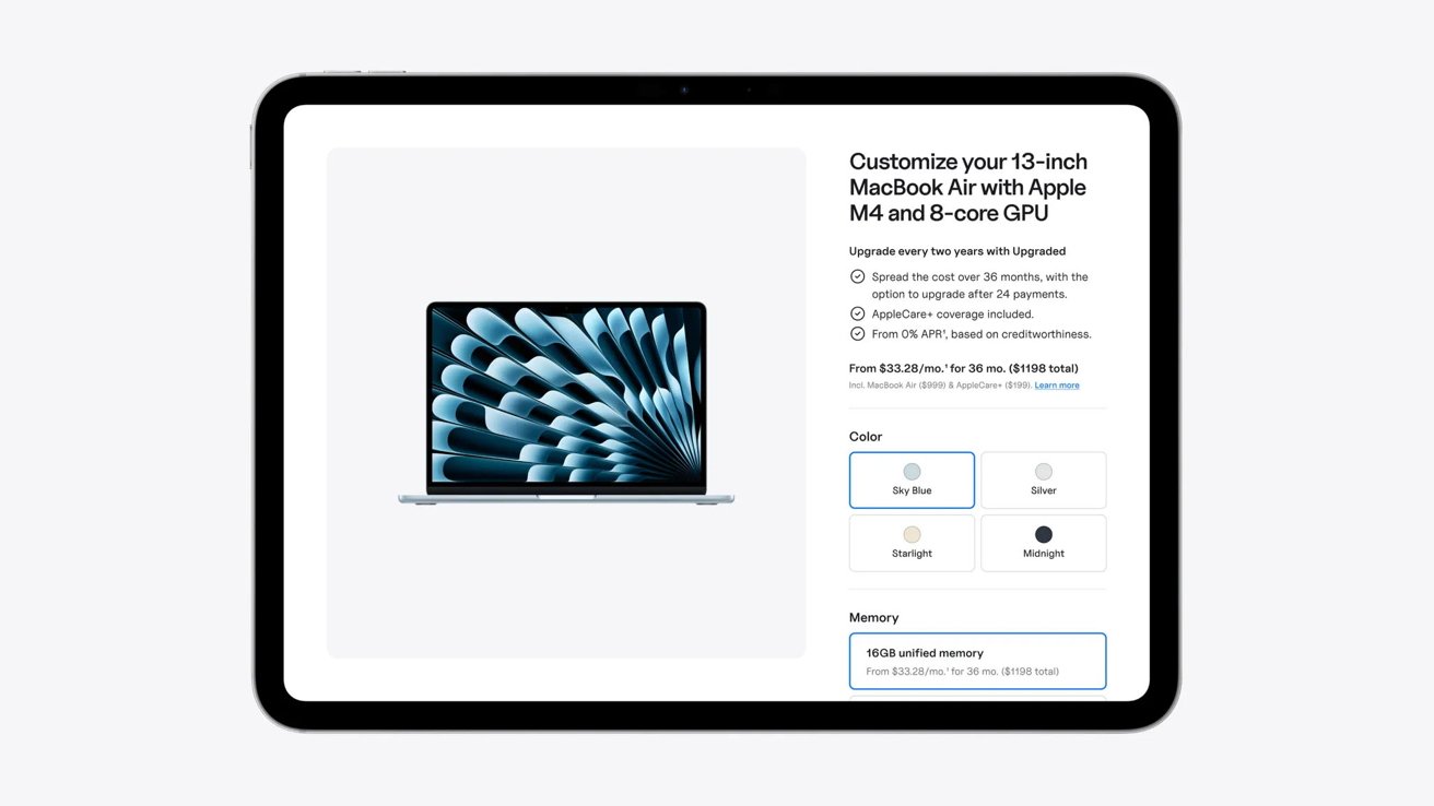 Tablet screen showing customization options for an M4 13-inch MacBook Air, including processor, color choices, and financing details.