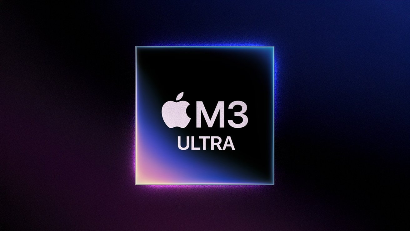 Apple logo with text M3 Ultra on a gradient background of dark blue and purple hues.