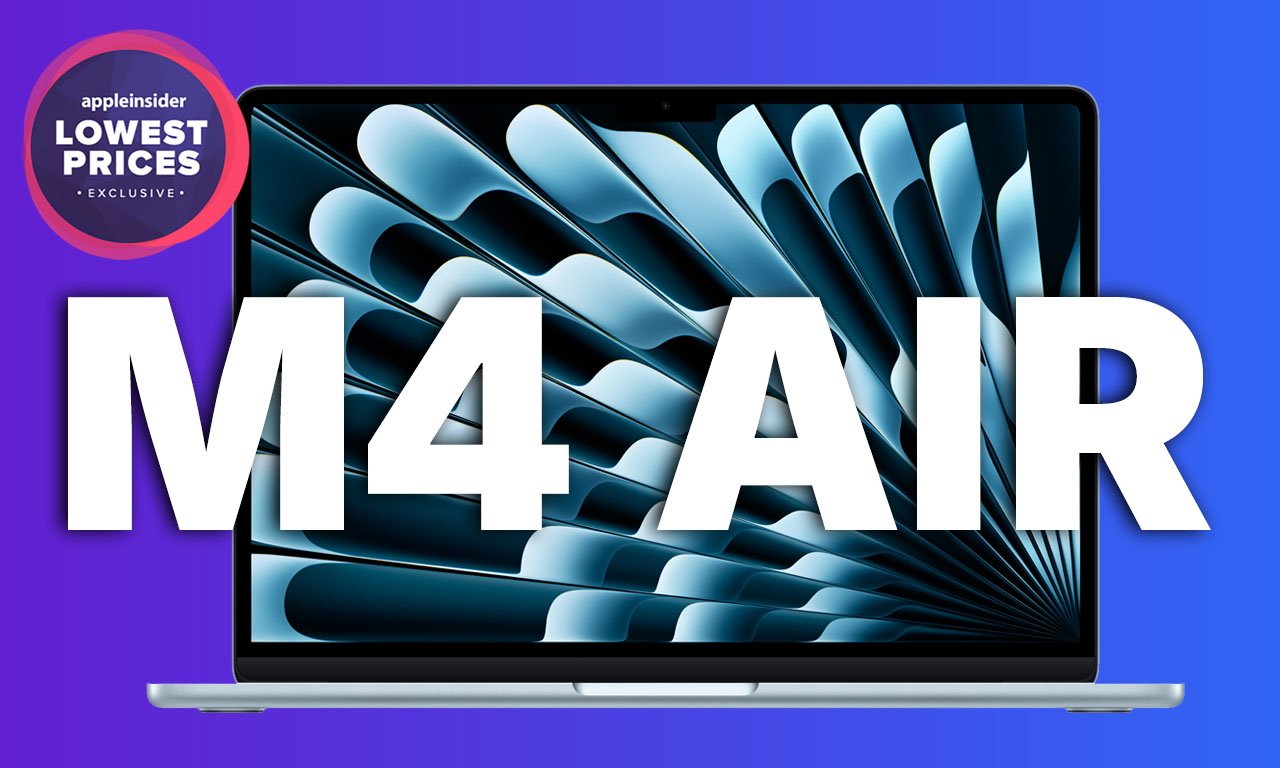 M4 MacBook Air 13-inch laptop in Sky Blue with abstract design on screen, text 'M4 AIR' in bold, and a purple banner saying 'Lowest Prices Exclusive'.