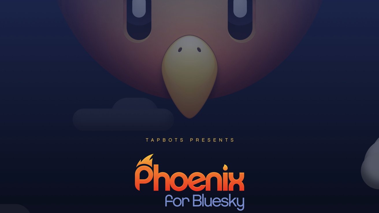 Cartoon bird face with large eyes and beak, text reads Tapbots Presents Phoenix for Bluesky against a dark background with clouds.