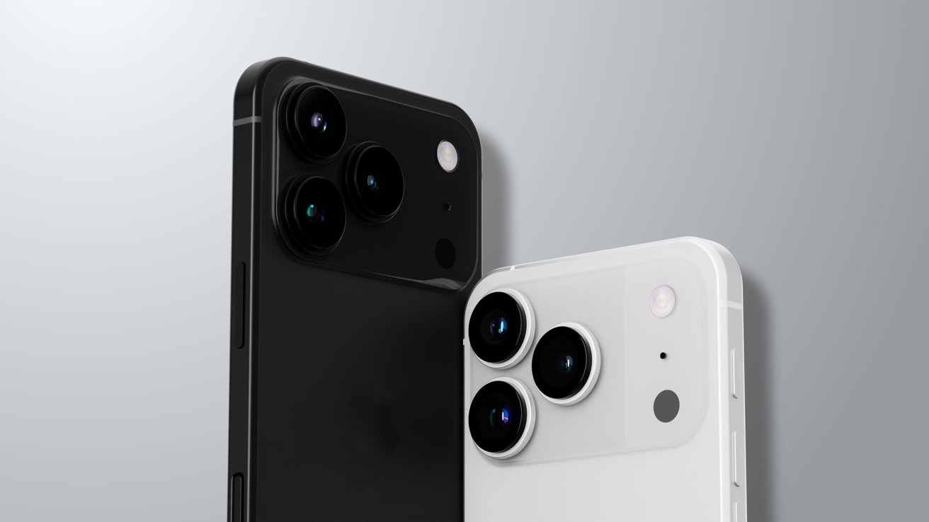 Two smartphones with triple rear cameras; one black, one white, positioned diagonally against a light gray background.