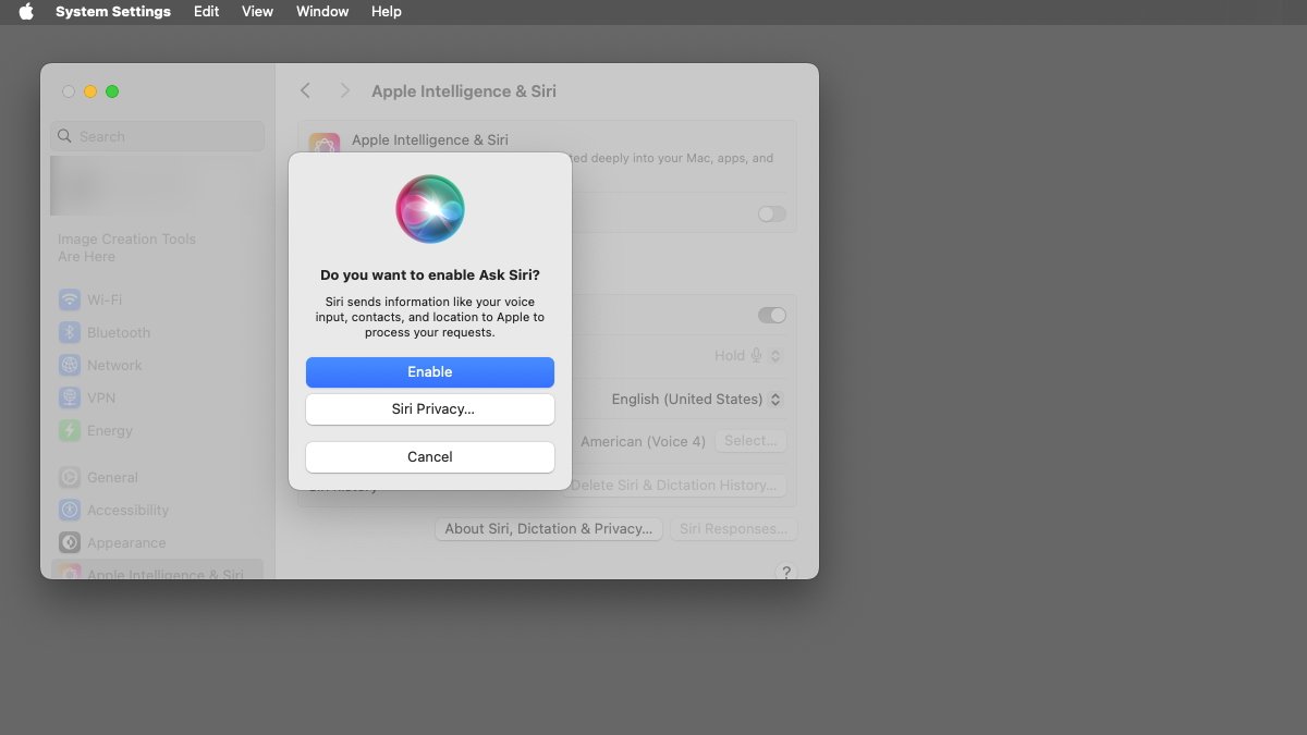 macOS warns you turning Siri on sends your Contacts and location data to Siri.