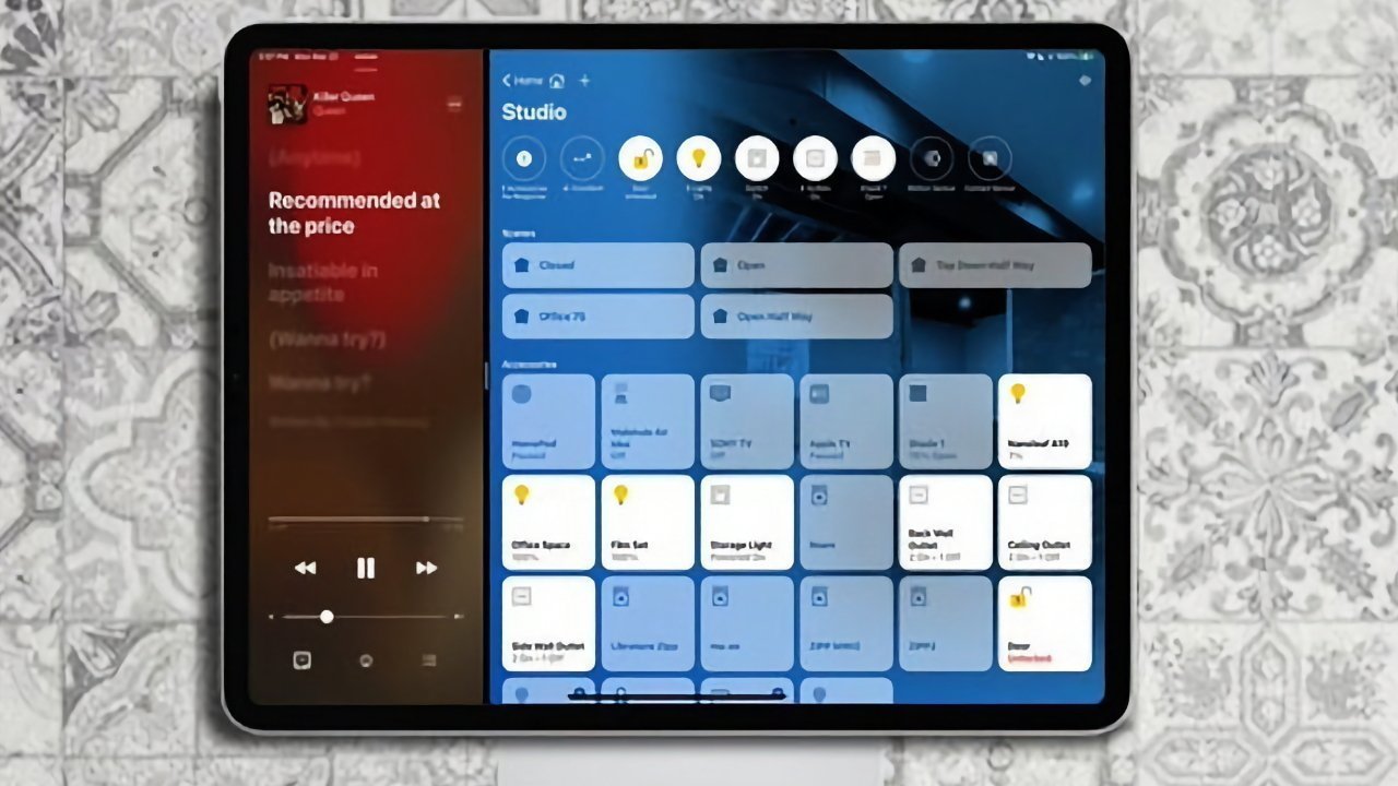 Tablet displaying a smart home control dashboard on the right and a music player interface with song details on the left.