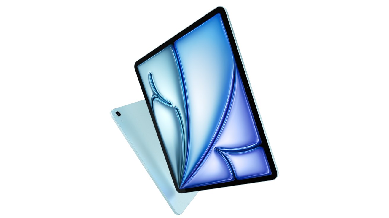 Two tablets with thin bezels, one showing a blue abstract design, the other in light blue color, positioned diagonally against a white background.