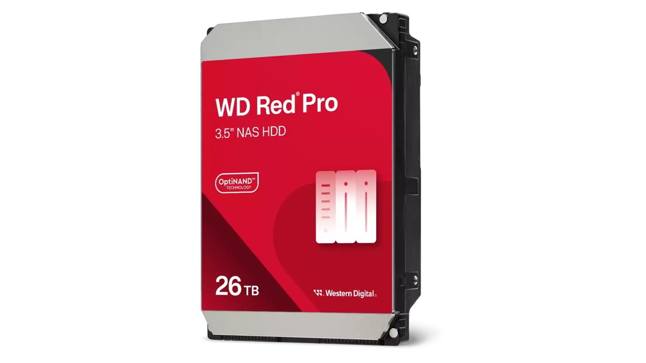 Red and silver Western Digital 3.5-inch NAS hard drive labeled 26TB with OptiNAND technology.