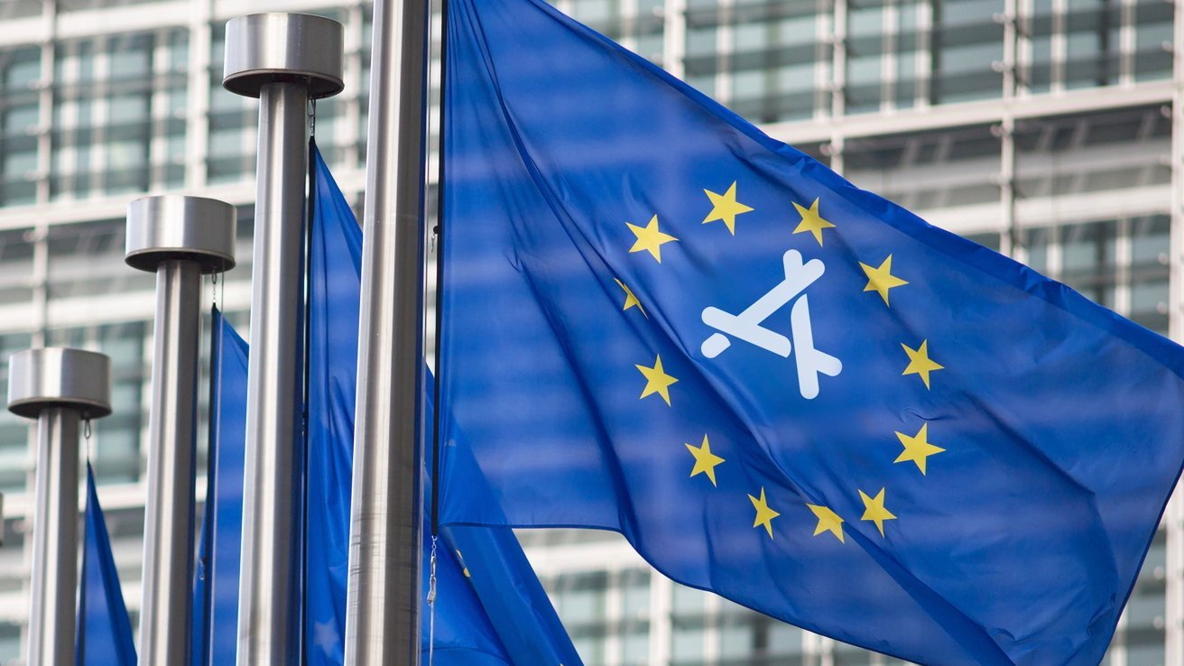 Blue flags with yellow stars and a white airport emblem wave on metal poles, with a modern glass building in the background.