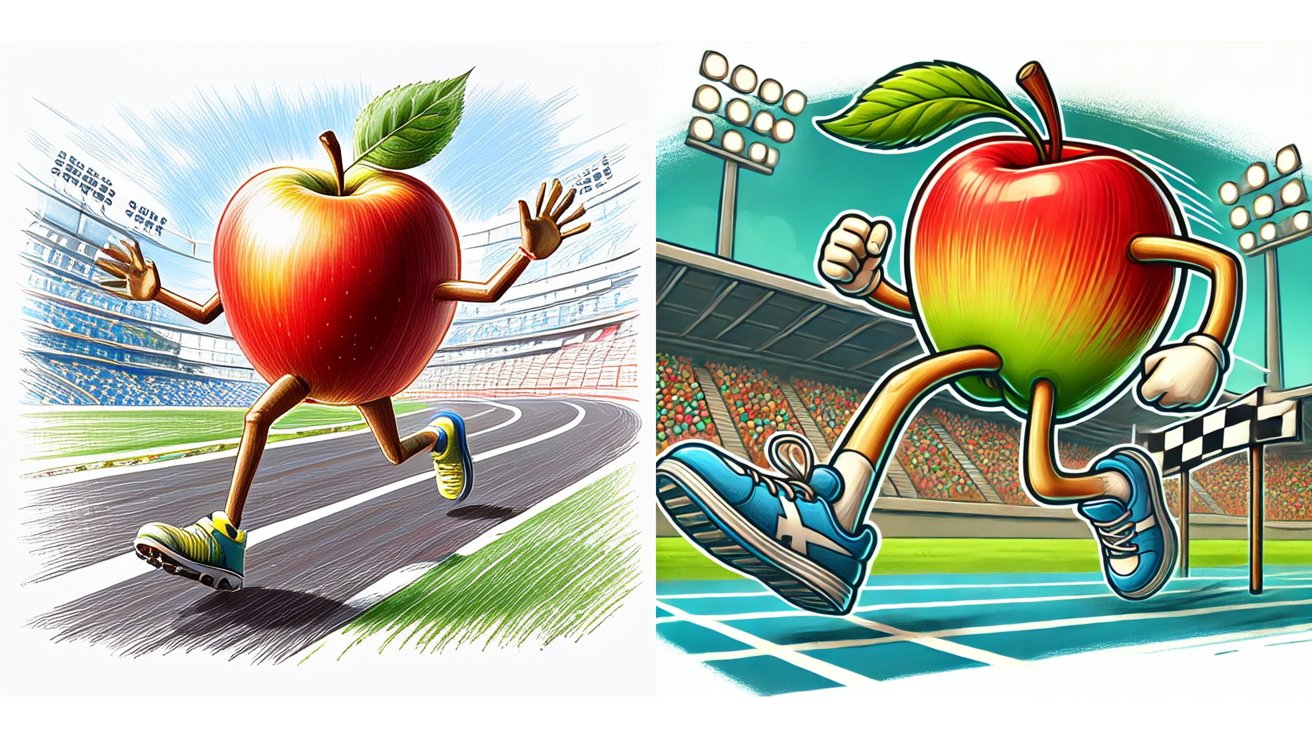 Two AI generated images of a sketched Apple with arms and legs running on a track