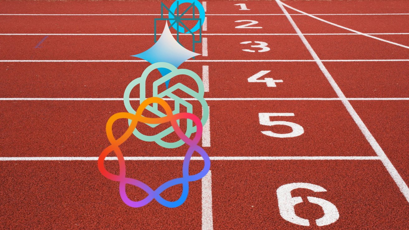 A track starting line with Apple Intelligence, ChatGPT, Google Gemini, Perplexity, and Alexa logos