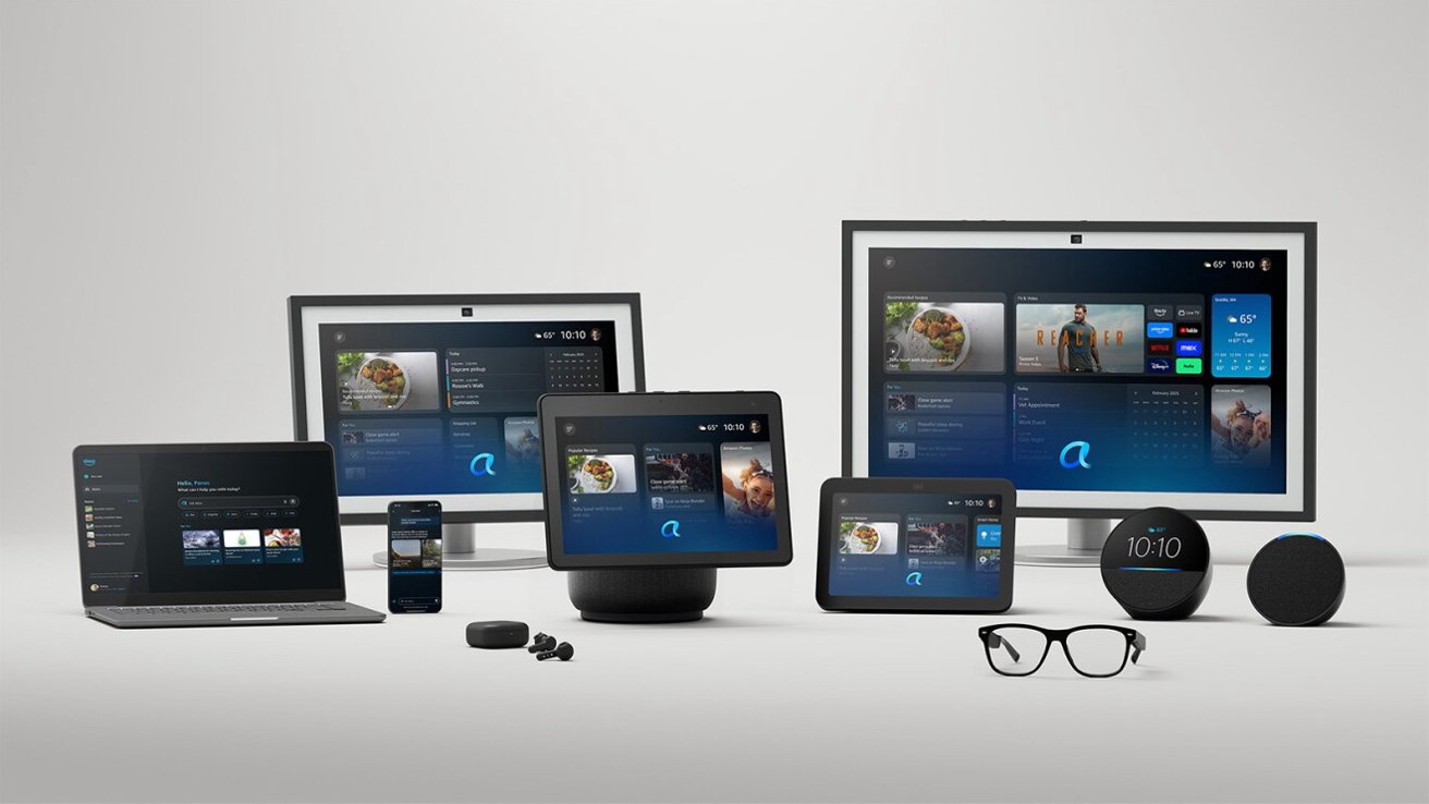 Various smart devices displaying an interface, including tablets, laptops, smartphones, smart speakers, and glasses, arranged on a flat surface against a neutral background.