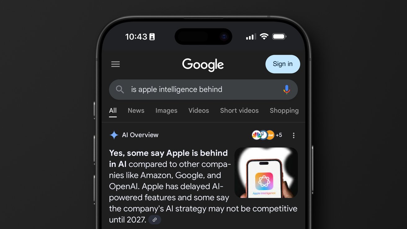 Smartphone displaying Google search about Apple lagging behind in AI, mentioning companies like Amazon, Google, and OpenAI with an article preview.