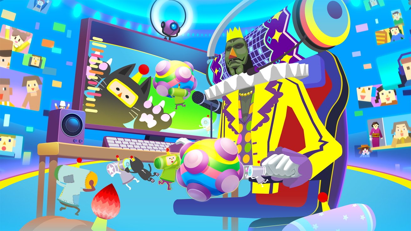 Colorful, whimsical scene with a character in a vibrant outfit, holding a microphone, large TV screen, floating multicolored balls, and abstract background featuring pixelated faces and digital elements.