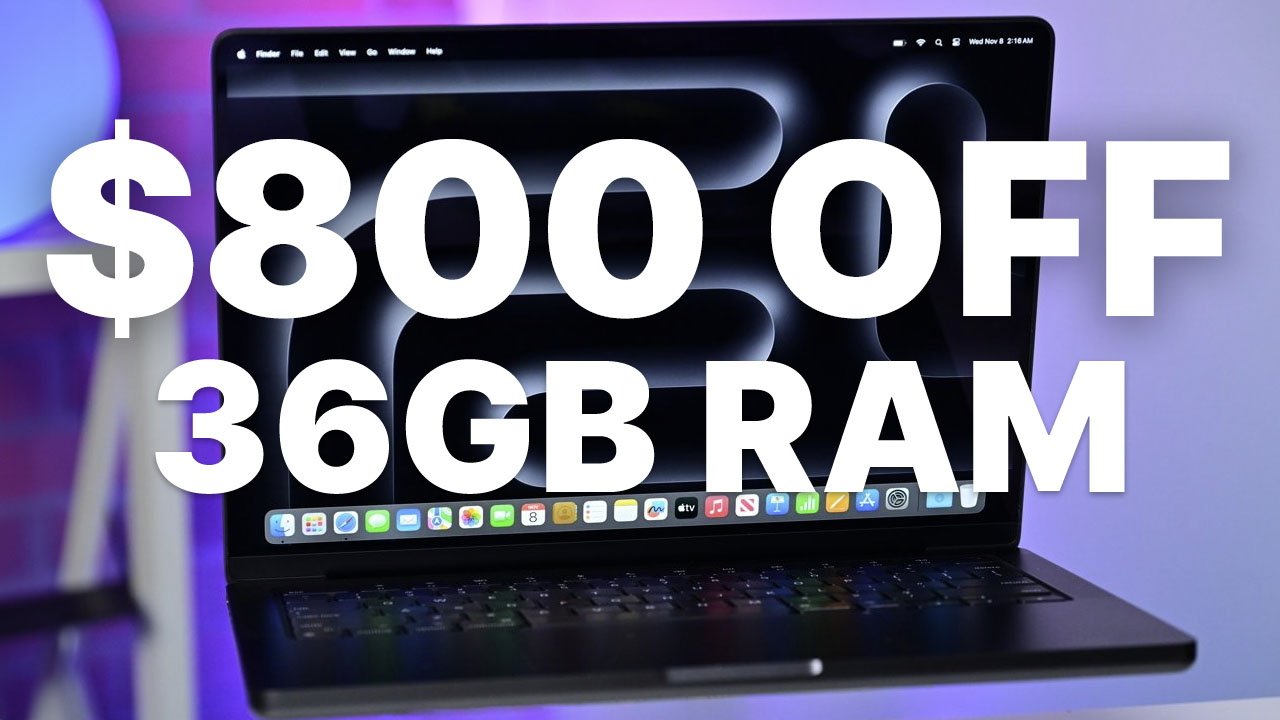 MacBook Pro screen displaying text '$800 OFF 36GB RAM' in large white font, with desktop icons visible at the bottom.