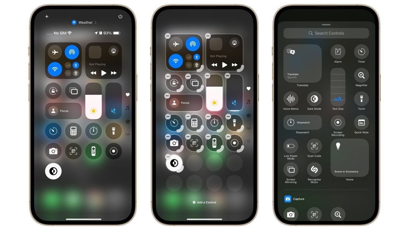 Three smartphone screens display control center settings, including toggles for Wi-Fi, Bluetooth, brightness, music playback, calculator, alarm, screen recording, and more customization options.