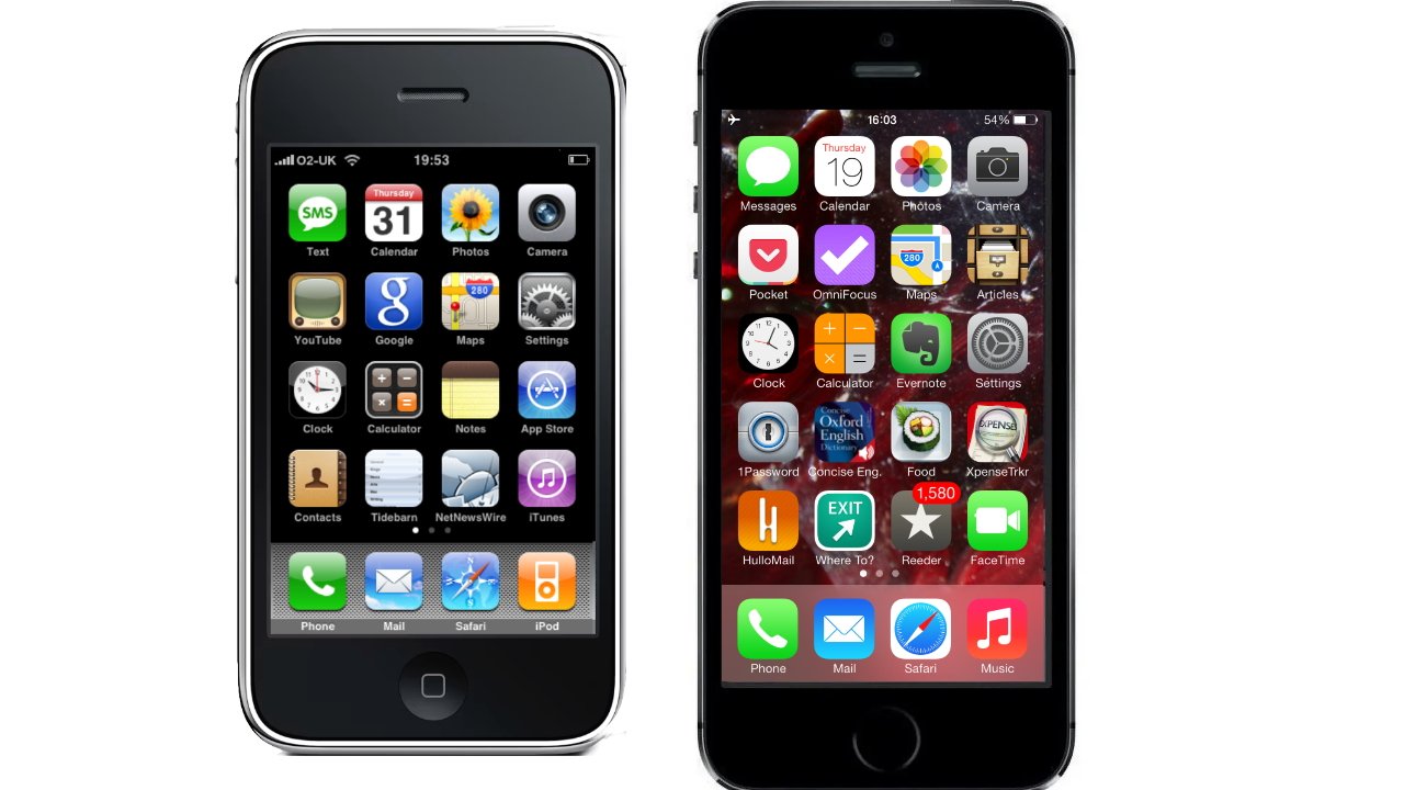 Two smartphones side by side showing home screens. The left phone has older app icons, the right phone displays more colorful, modern icons.  