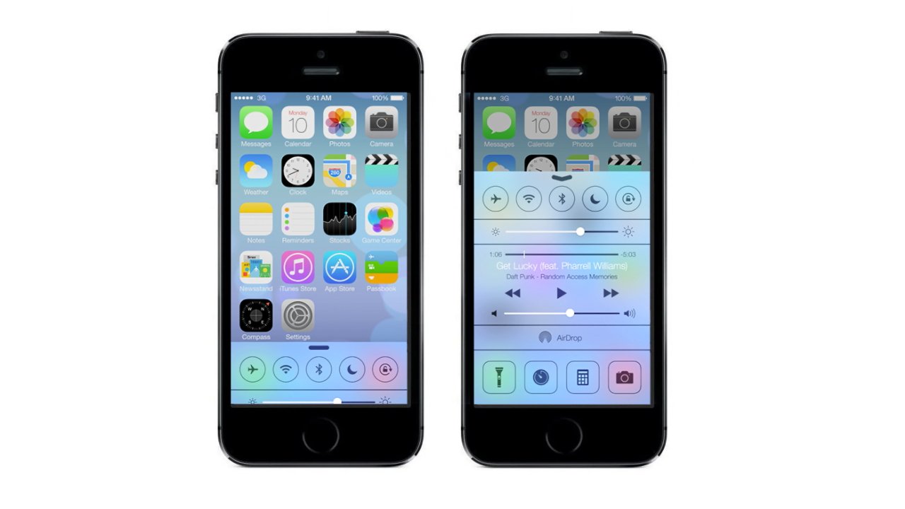 Two smartphones displaying app icons on the homepage and control center with music controls, toggle buttons, and brightness slider.