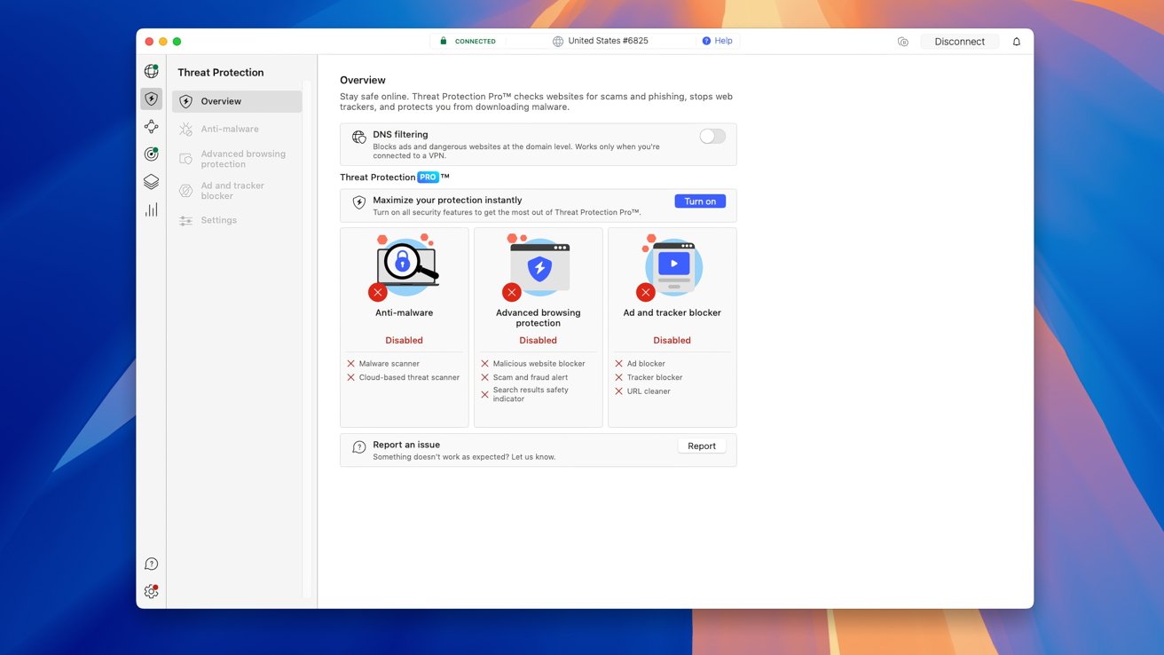 Software interface showing threat protection features, with options for anti-malware, advanced browsing protection, and ad tracker blocker, all currently disabled. Left sidebar includes navigation options.