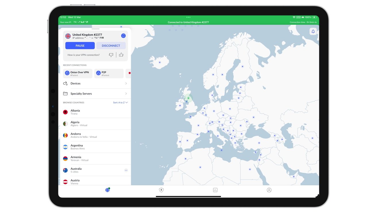 Tablet displaying a VPN app connected to the United Kingdom with a map of Europe showing server locations, options for various countries, and a green status bar.