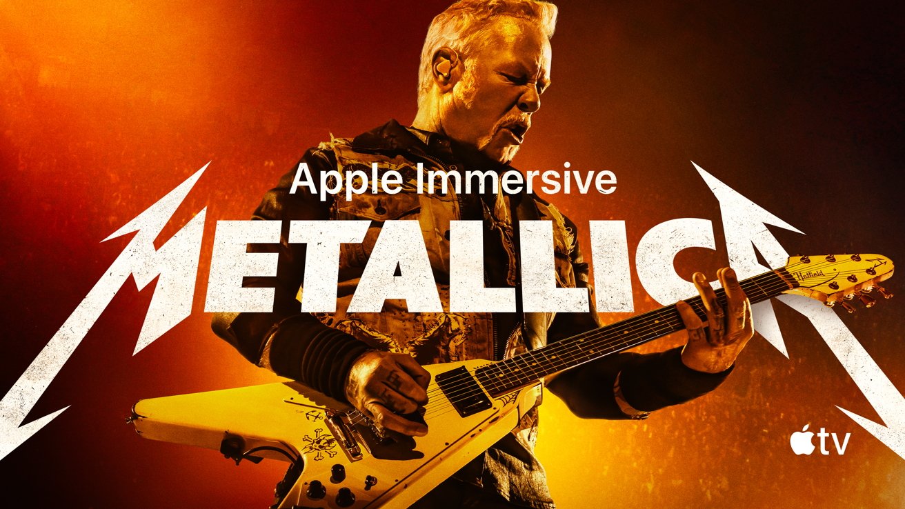 Musician intensely playing a guitar on stage, surrounded by orange lighting, with text 'Apple Immersive Metallica' and Apple TV logo displayed prominently.