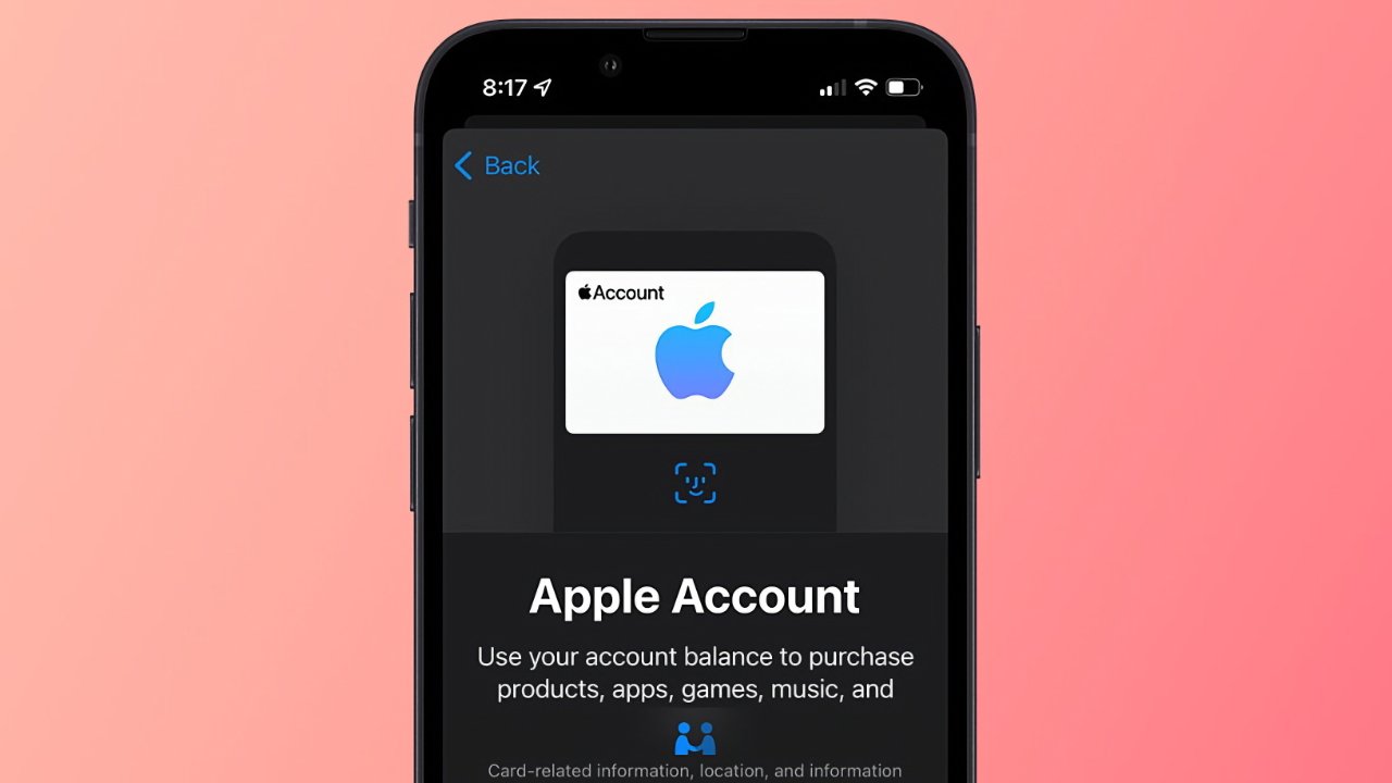 Smartphone screen displaying an Apple Account card with instructions for using account balance to purchase products, apps, games, and music, set against a pink gradient background.