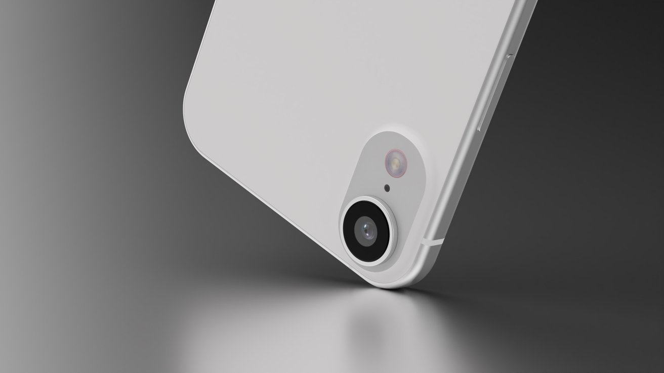 Close-up of a white smartphone's rear camera with a dual lens setup on a gray background.