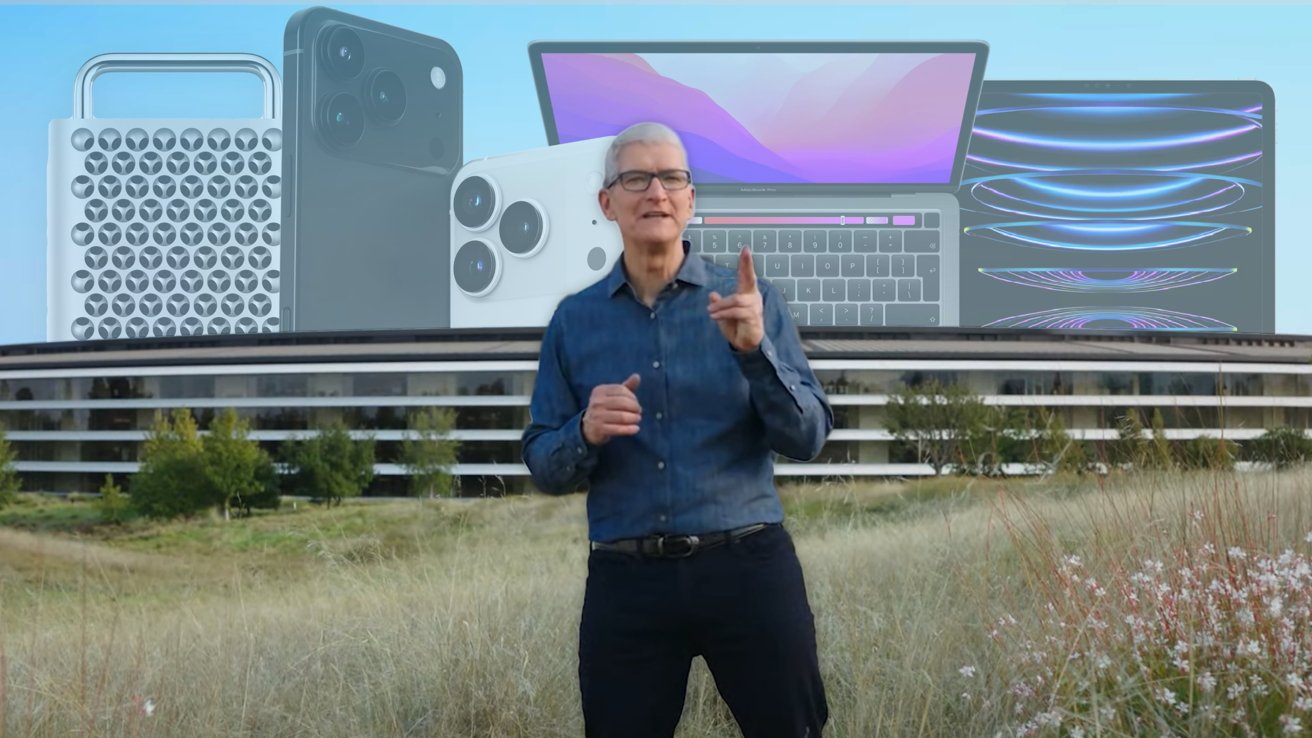 Person standing outdoors pointing, with large images of electronic devices like a computer tower, smartphone, and laptops in the background, near a modern circular building.