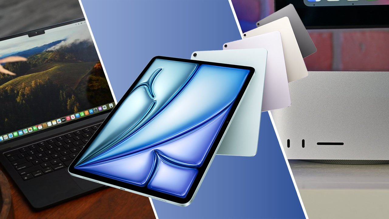 Collage of Apple devices: MacBook Air laptop with a scenic wallpaper, iPad Air M3 lineup, Mac Studio on desk.